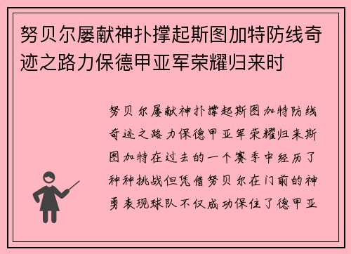 努贝尔屡献神扑撑起斯图加特防线奇迹之路力保德甲亚军荣耀归来时 努贝尔屡献神扑撑起斯图加特防线奇迹之路力保德甲亚军荣耀归来时